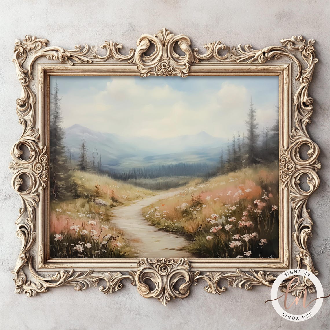 Mountain Meadow Wildflower Path Misty Peaks Rustic Landscape Poster