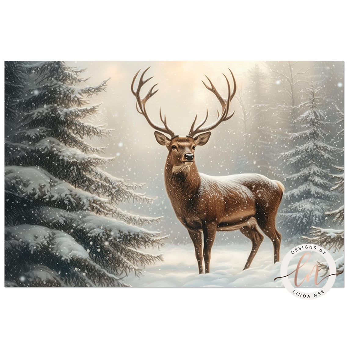 Snowy Forest Deer Christmas Art Print, Rustic Holiday - Image 3