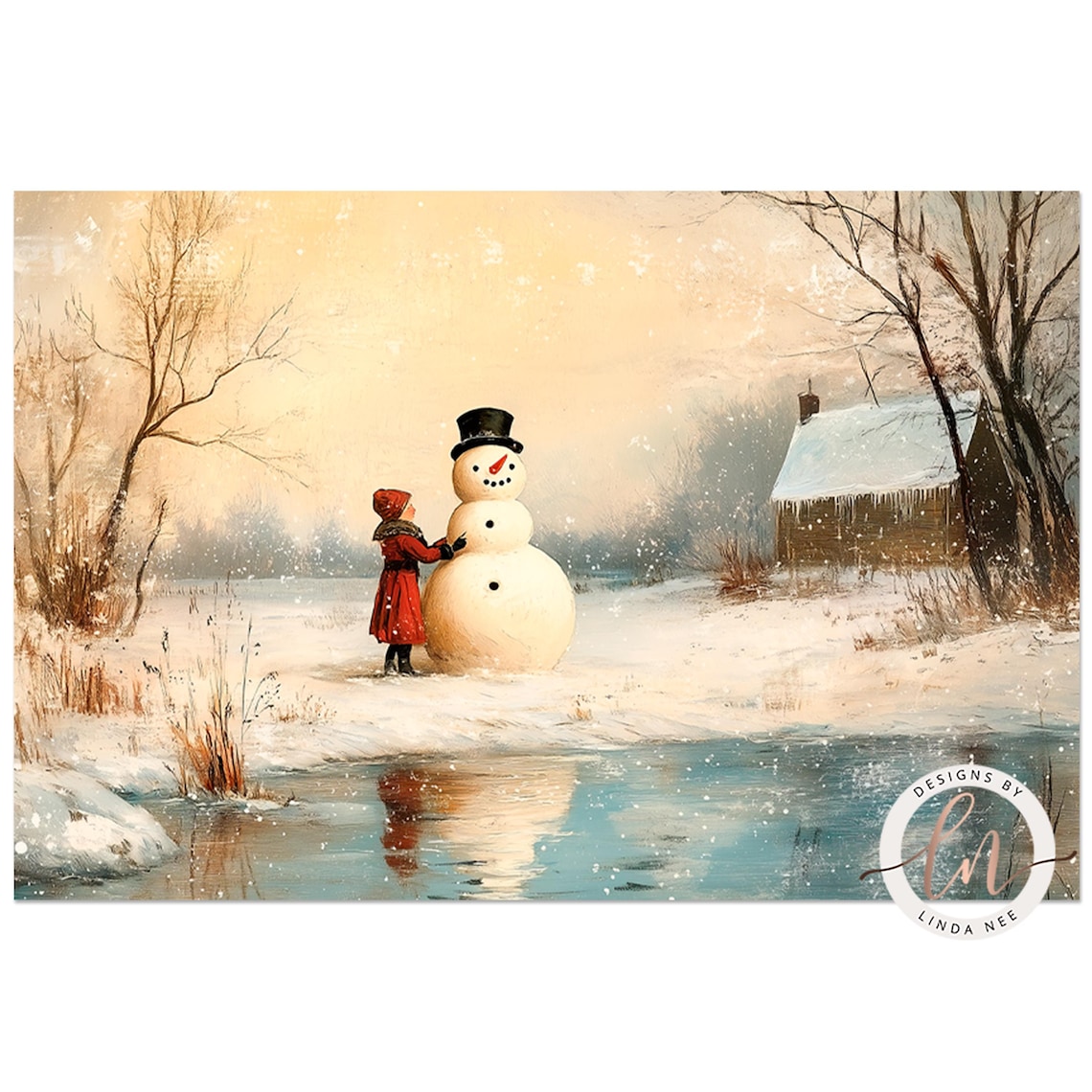 Vintage Winter Snowman Rustic Landscape Art Print - Image 4