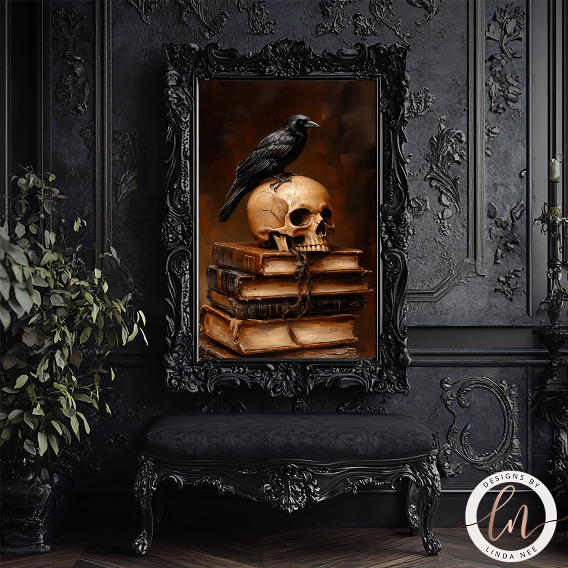 Raven On Skull Stack Of Old Books Dark Academia Moody Oil Painting Poster - Image 3