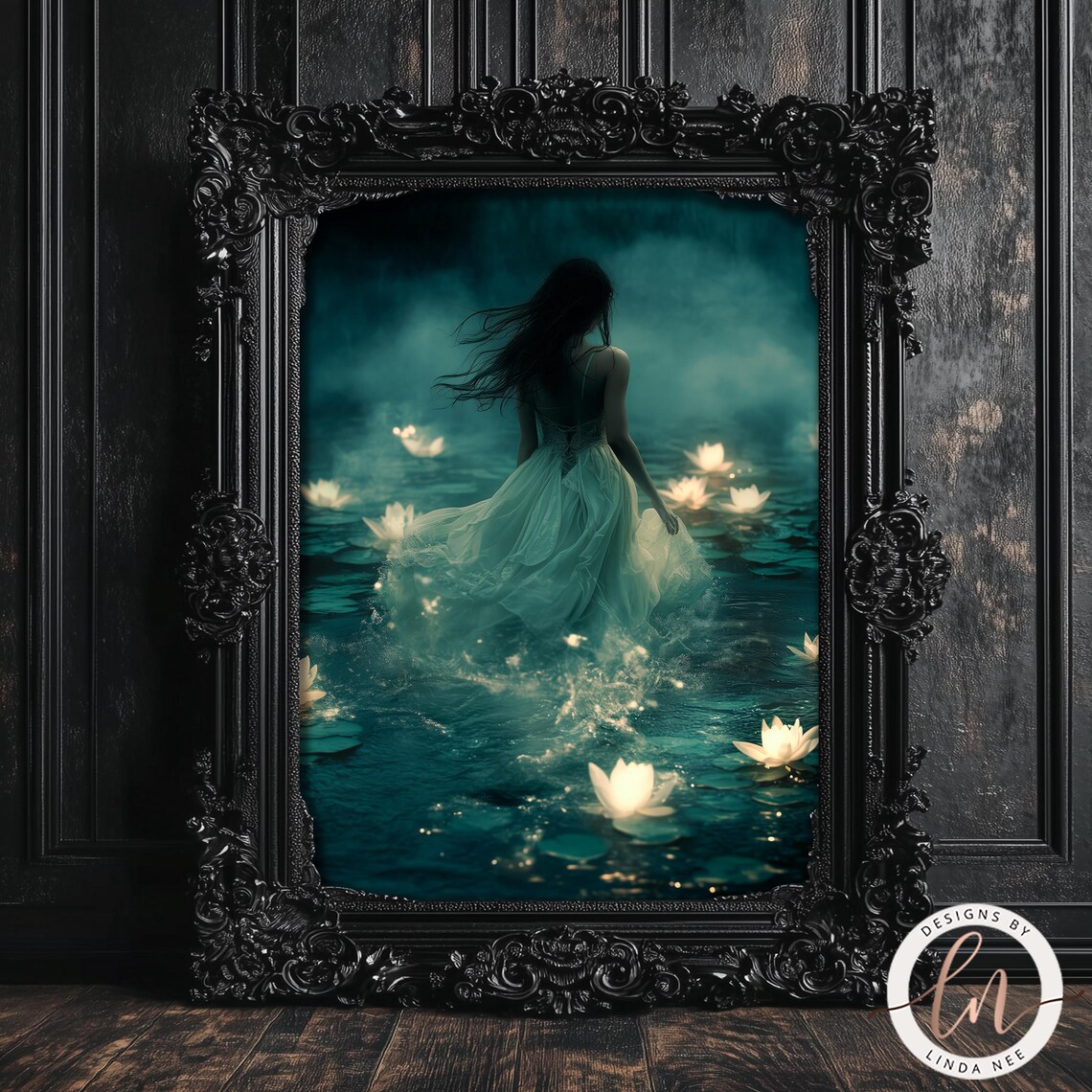 Woman in Lake With Glowing Lilies, Dark Academia Art Print - Image 5