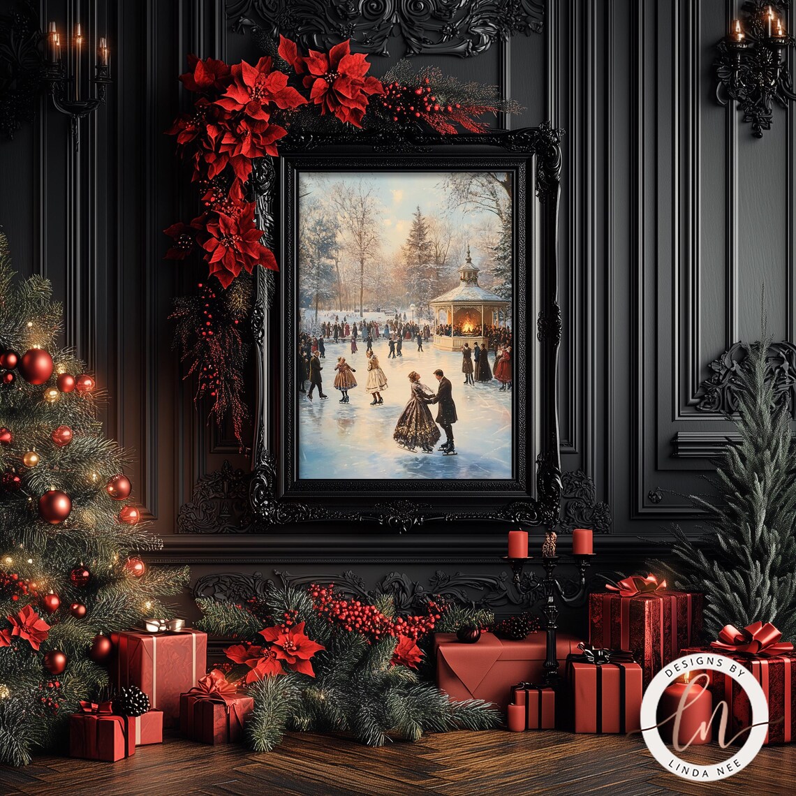 Victorian Skating Rink, Vintage Christmas Art Print - Image 2