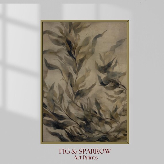 Vintage Botanical Print Moody Leaf Painting Rustic Home Decor