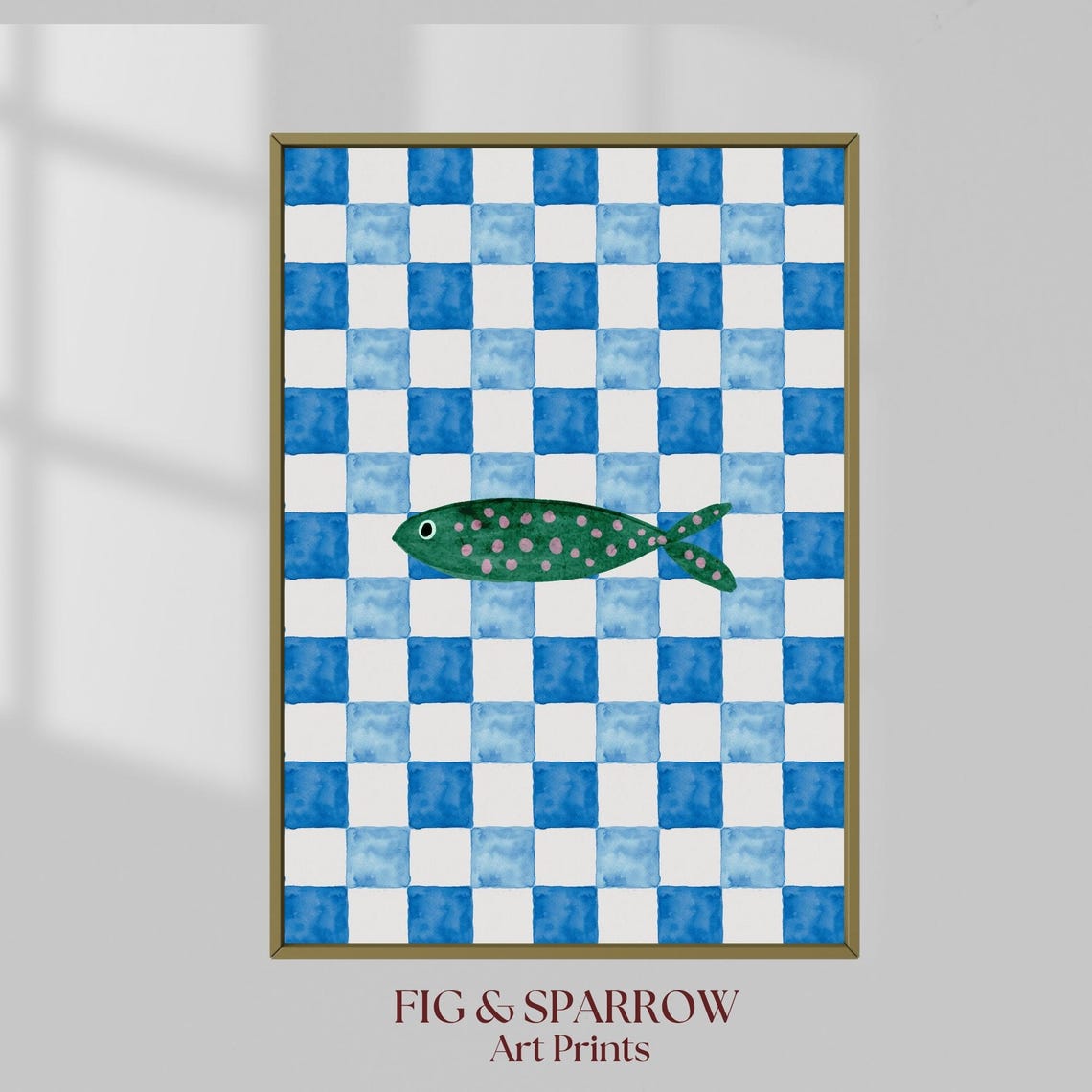 Blue Checkered Watercolor Sardine Fish Coastal Kitchen Art Poster
