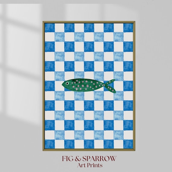 Blue Checkered Watercolor Sardine Fish Coastal Kitchen Art Poster