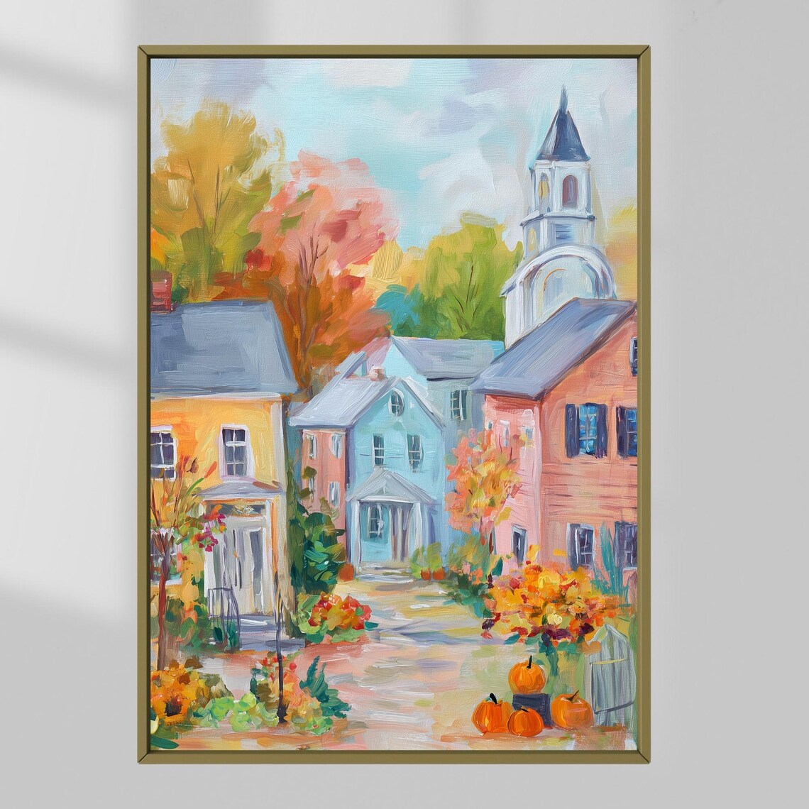 Pastel Autumn Village, Cozy Fall Harvest Scene Art Print