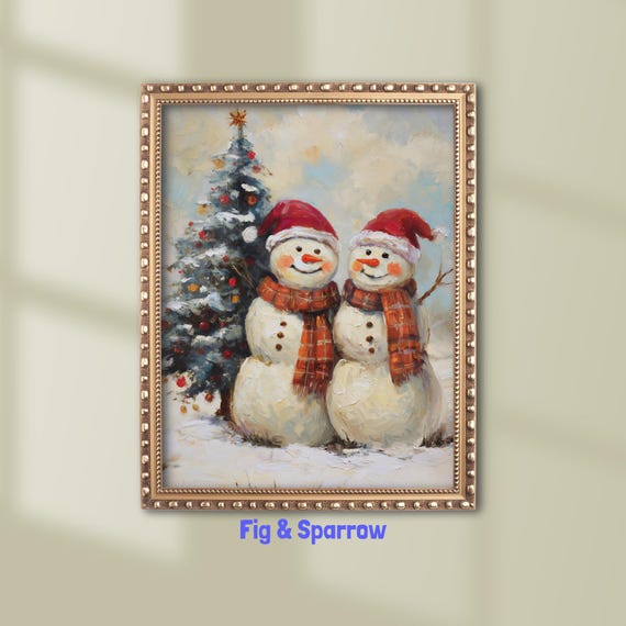 Two Happy Snowmen Christmas Tree Vintage Style Holiday Snow Poster
