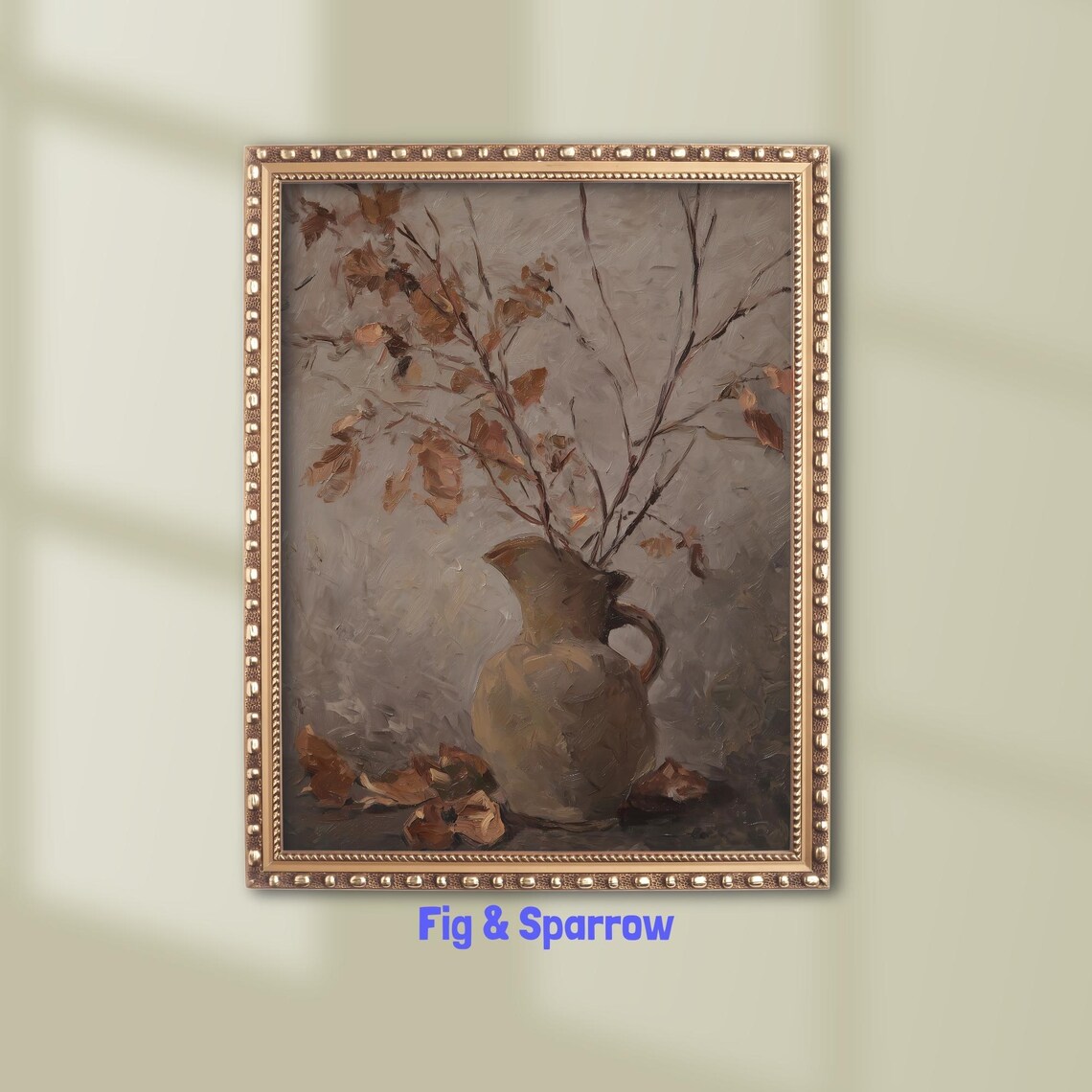 Vintage Autumn Still Life Print Rustic Vase Dried Leaves Wall Art