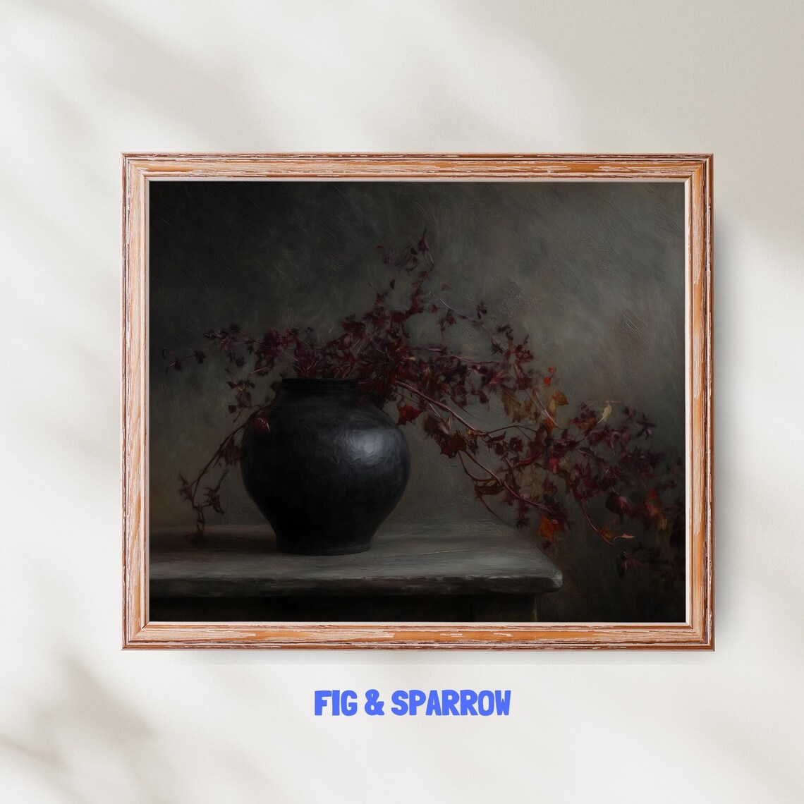 Burgundy Stems in Dark Vase Moody Still Life Vintage Botanical Wall Art