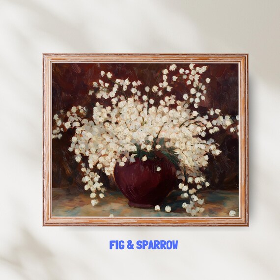 White Babys Breath Flowers Burgundy Vase Vintage Floral Still Life Poster