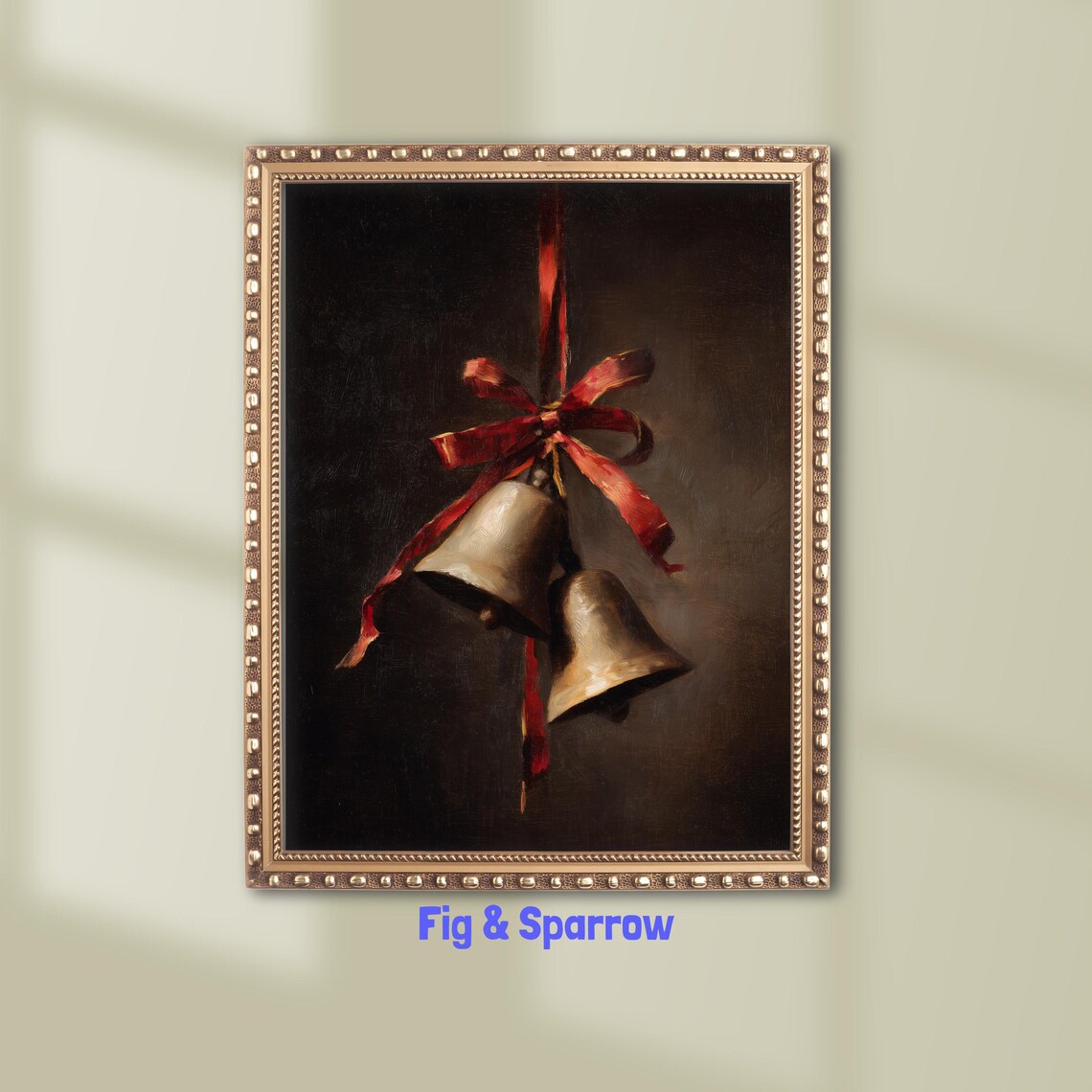 Two Antique Brass Bells With Red Ribbon Dark Oil Painting Poster