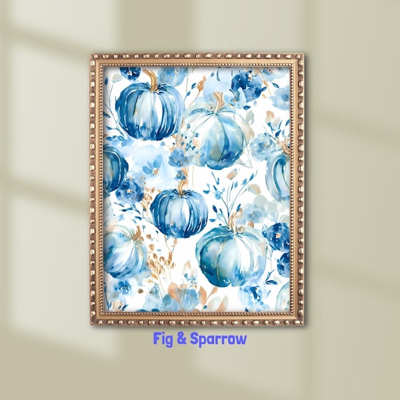 Blue Pumpkin Art Print Watercolor Autumn Floral Wall Decor Modern Fall