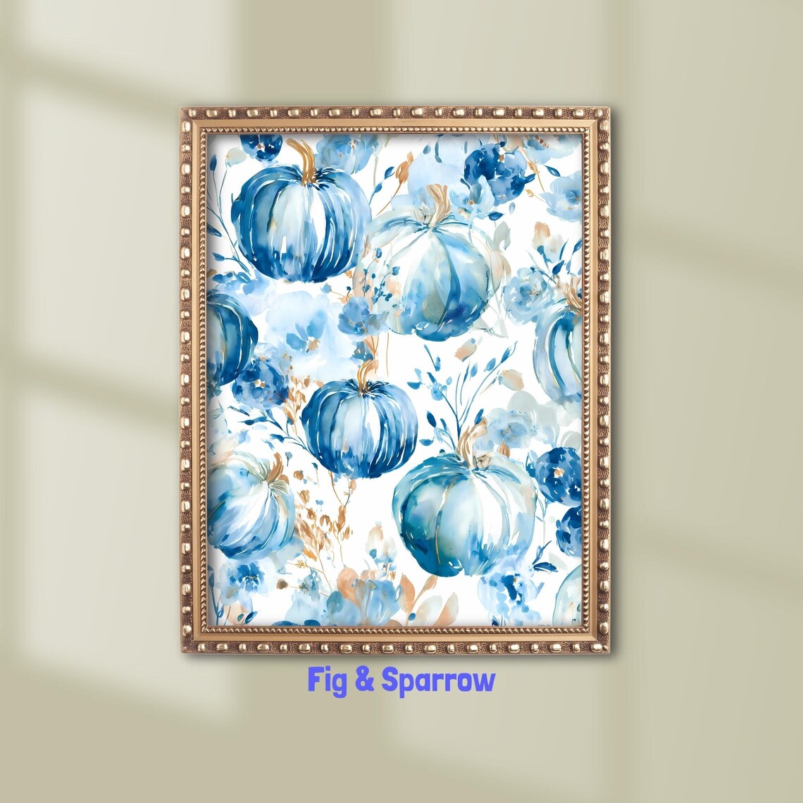 Blue Pumpkin Art Print Watercolor Autumn Floral Wall Decor Modern Fall