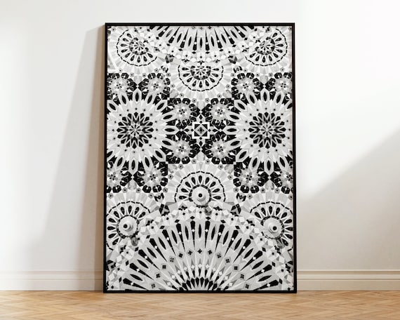 Black and White Mandala Geometric Tile Pattern Abstract Art Print