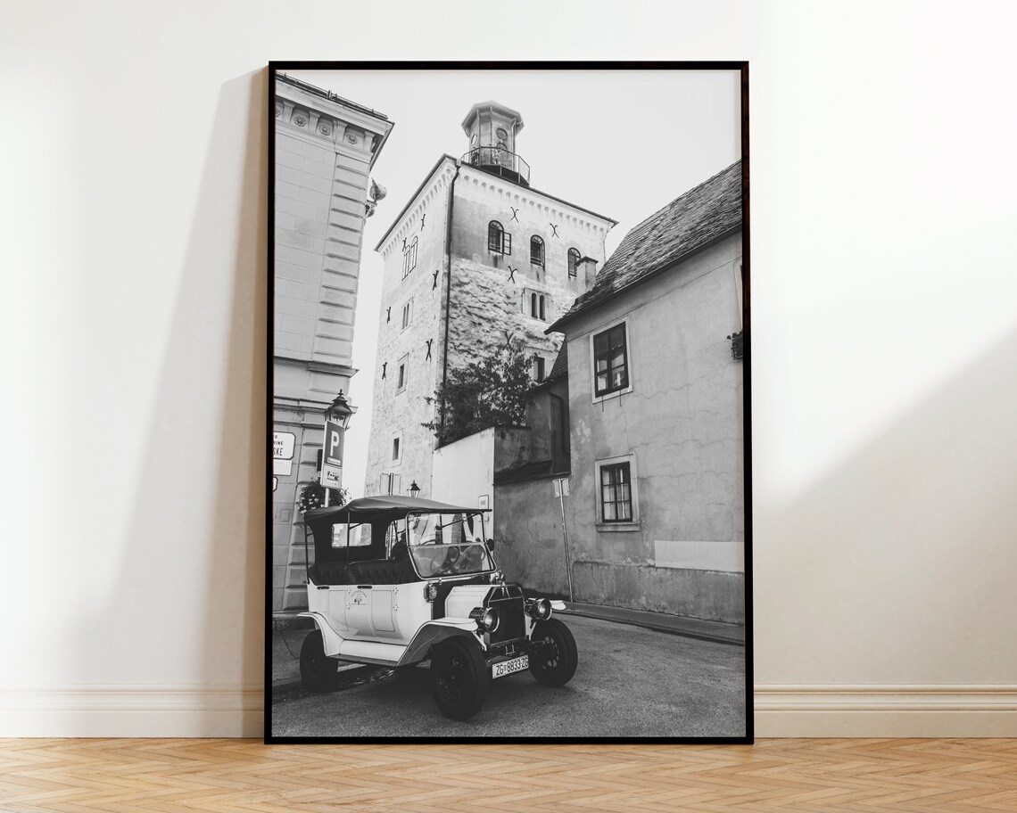Zagreb Travel Print Lotrscak Tower Black And White Photography City Poster Old Car Croatia Wall Art Gift Europe Prints