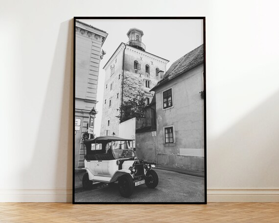 Zagreb Lotrscak Tower Vintage Car Black And White Photo Poster Croatia