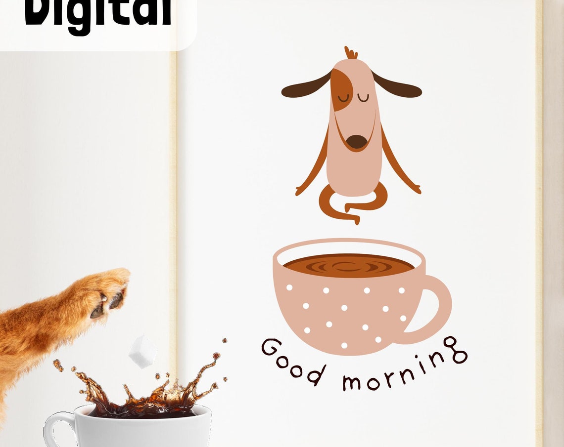 Good Morning Cartoon Dog Meditating Over Coffee Cup Cute Poster - Image 2