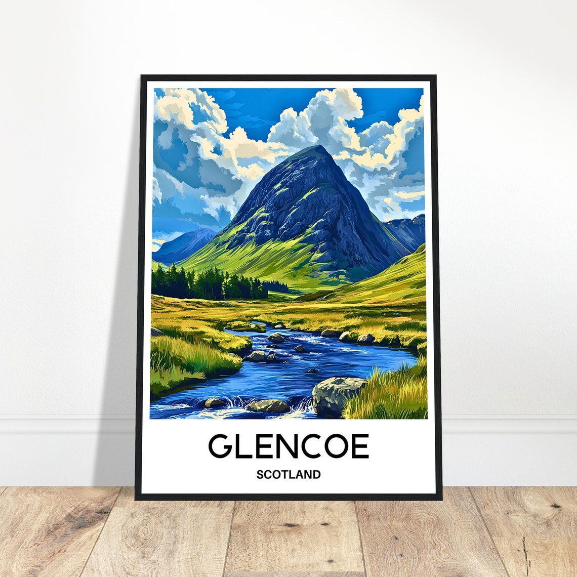 Glencoe Scotland Mountain Valley Poster with River and Highlands