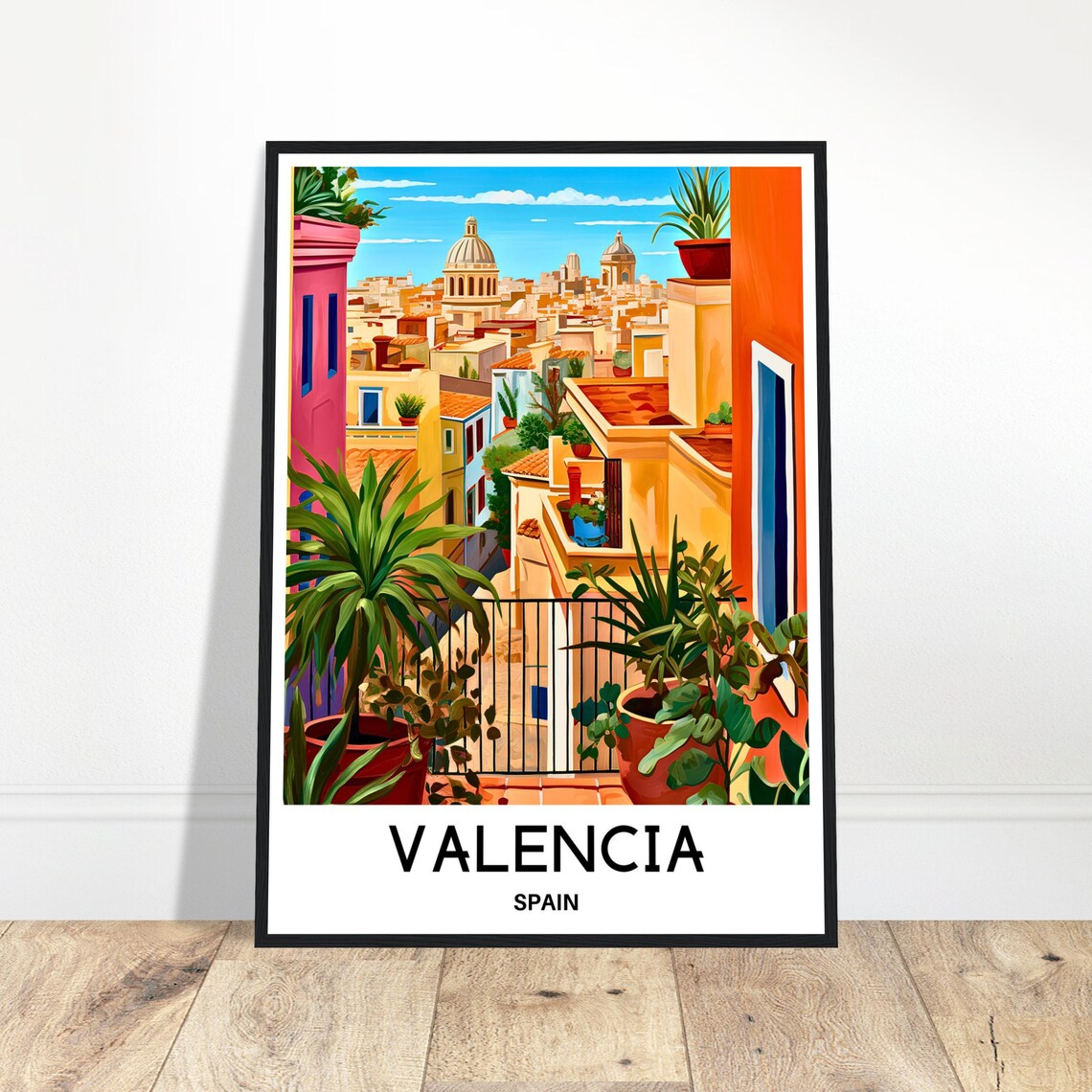 Valencia Spain Rooftop Terrace Poster with Colorful Domes and Palms