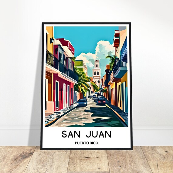 San Juan Puerto Rico Colorful Old Street Vintage Caribbean Travel Poster