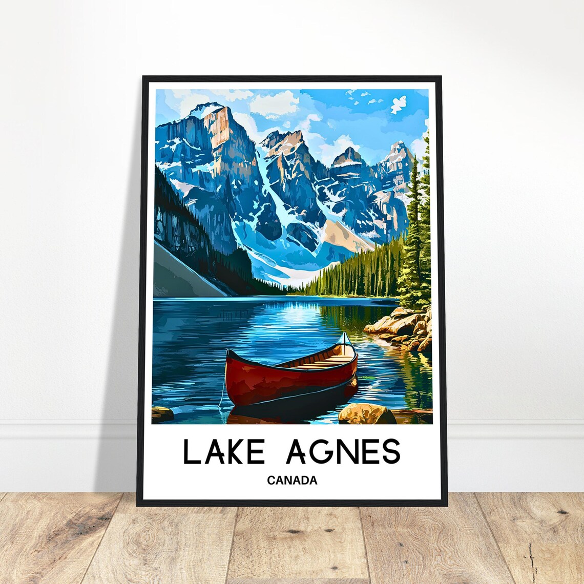 Lake Agnes Canada Red Canoe Rocky Mountain Peak Lakeside Travel Poster
