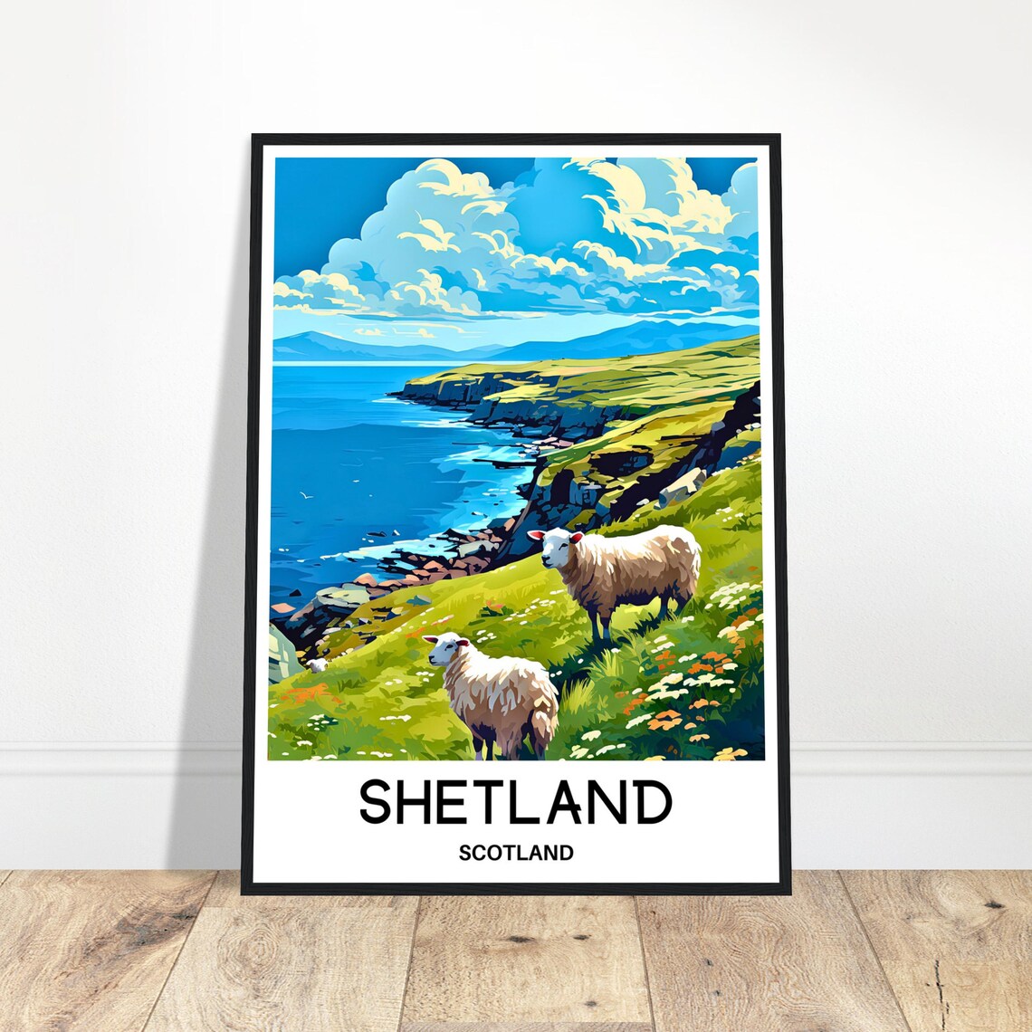 Shetland Scotland Sheep Grazing on the Coastal Cliffs Travel Poster