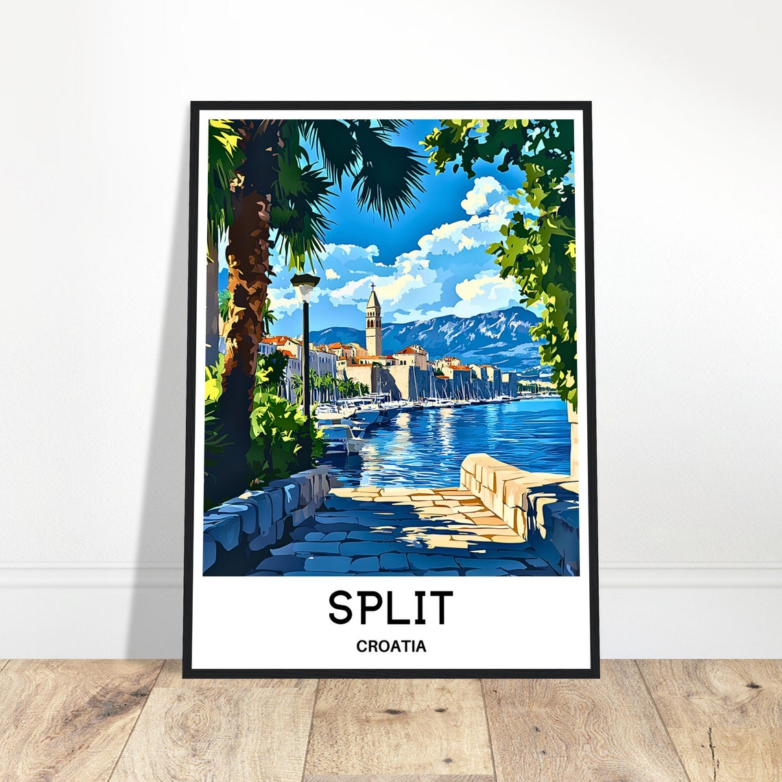 Split Croatia Sunny Harbor Waterfront Promenade Illustration Poster
