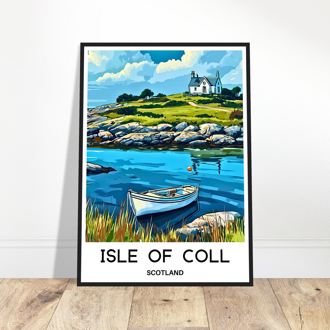 Isle of Coll Scotland Rocky Shore Boat Vintage Scottish Travel Poster