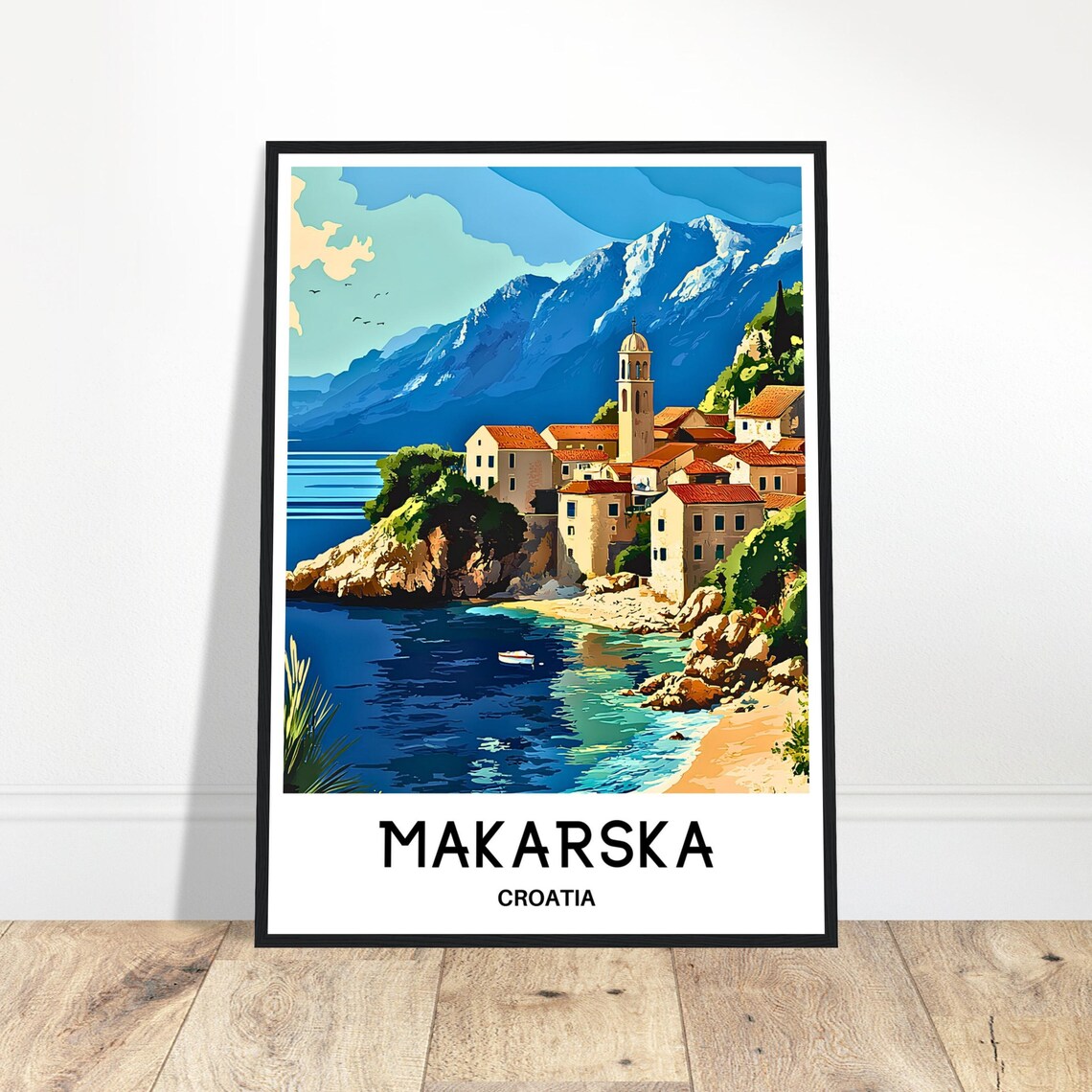 Makarska Croatia Adriatic Coastal Town Mountain Backdrop Travel Poster