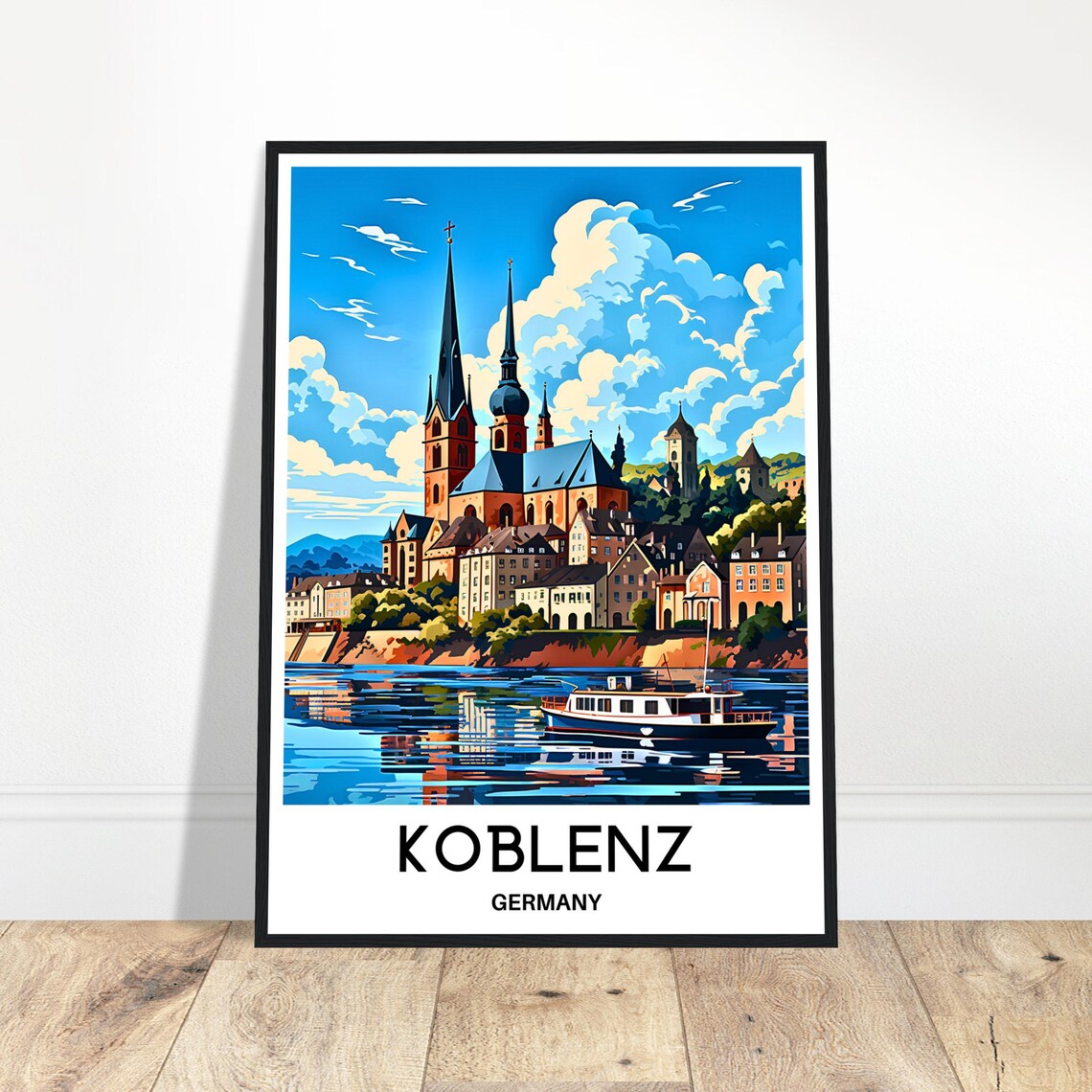 Koblenz Germany Riverside Churches Vintage Style Travel Poster