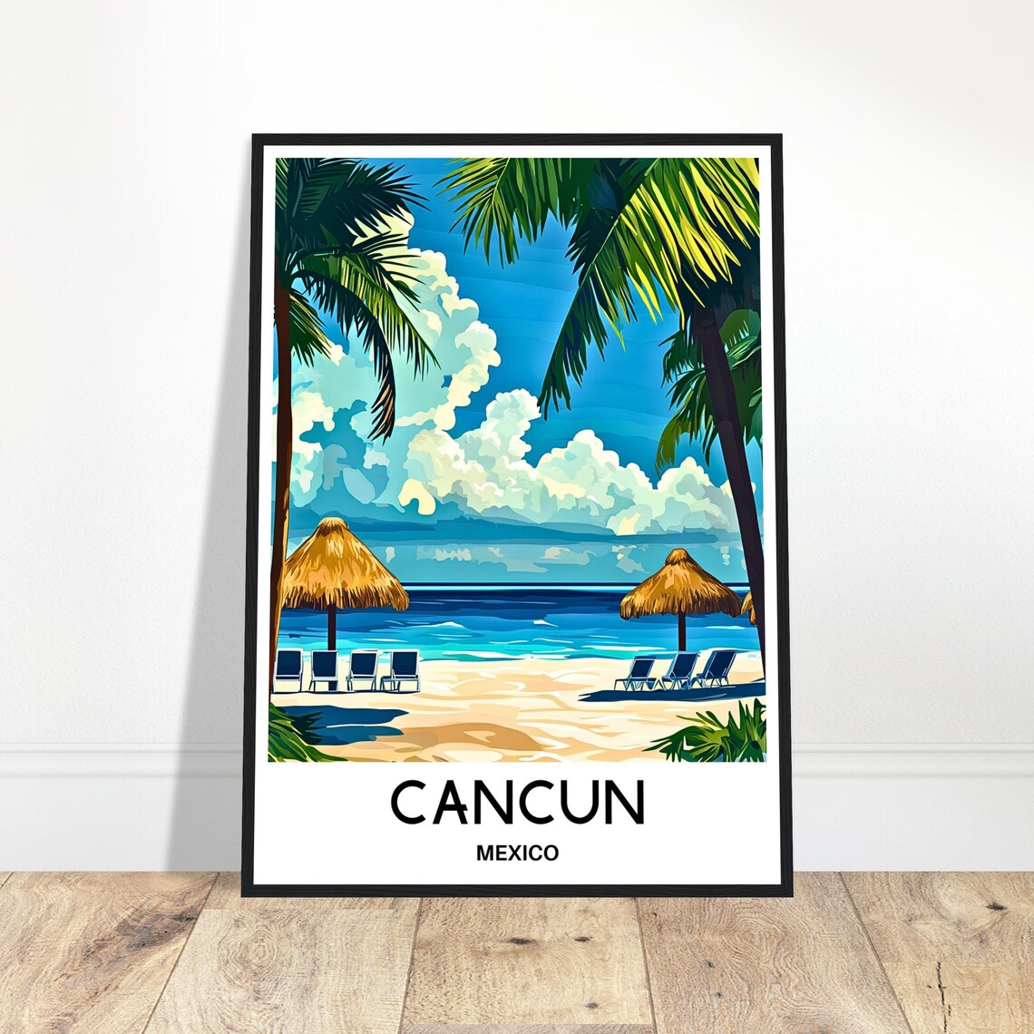 Cancun Mexico Palapa Beach with Lounge Chairs Sunny Travel Poster