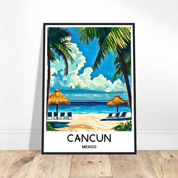 Cancun Mexico Palapa Beach with Lounge Chairs Sunny Travel Poster