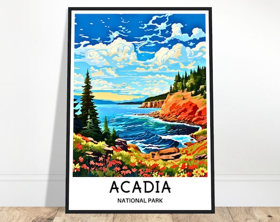 Acadia National Park Maine Rocky Coast Travel Illustration Poster