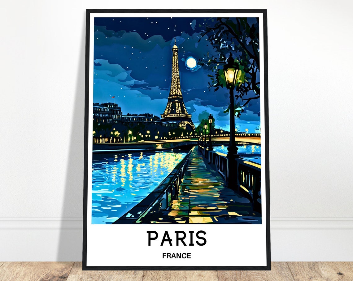 Paris France Eiffel Tower Moonlit Night Riverside Lamp Glow Poster
