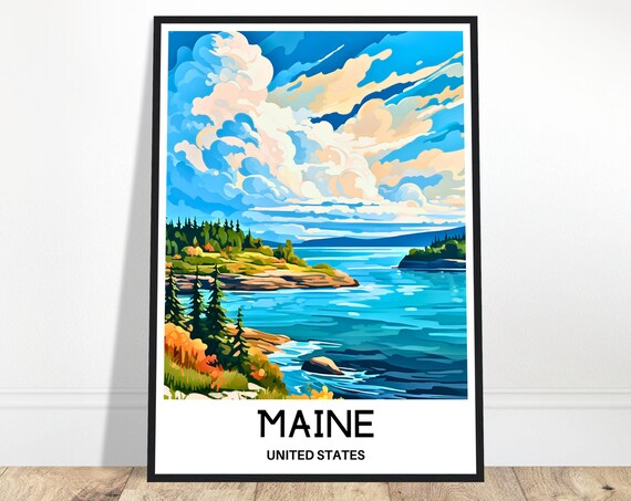Maine United States Rocky Atlantic Coast Travel Illustration Poster