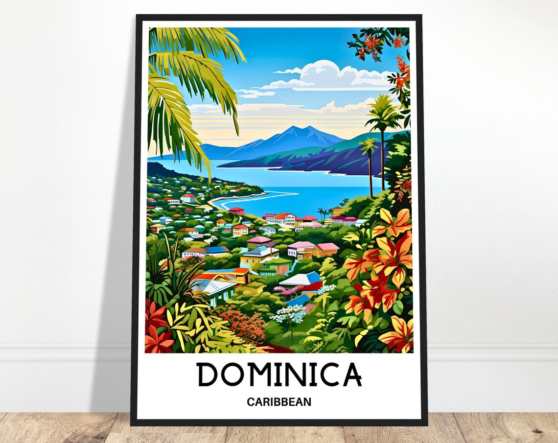 Dominica Caribbean Island Bay and Lush Green Hills Travel Poster