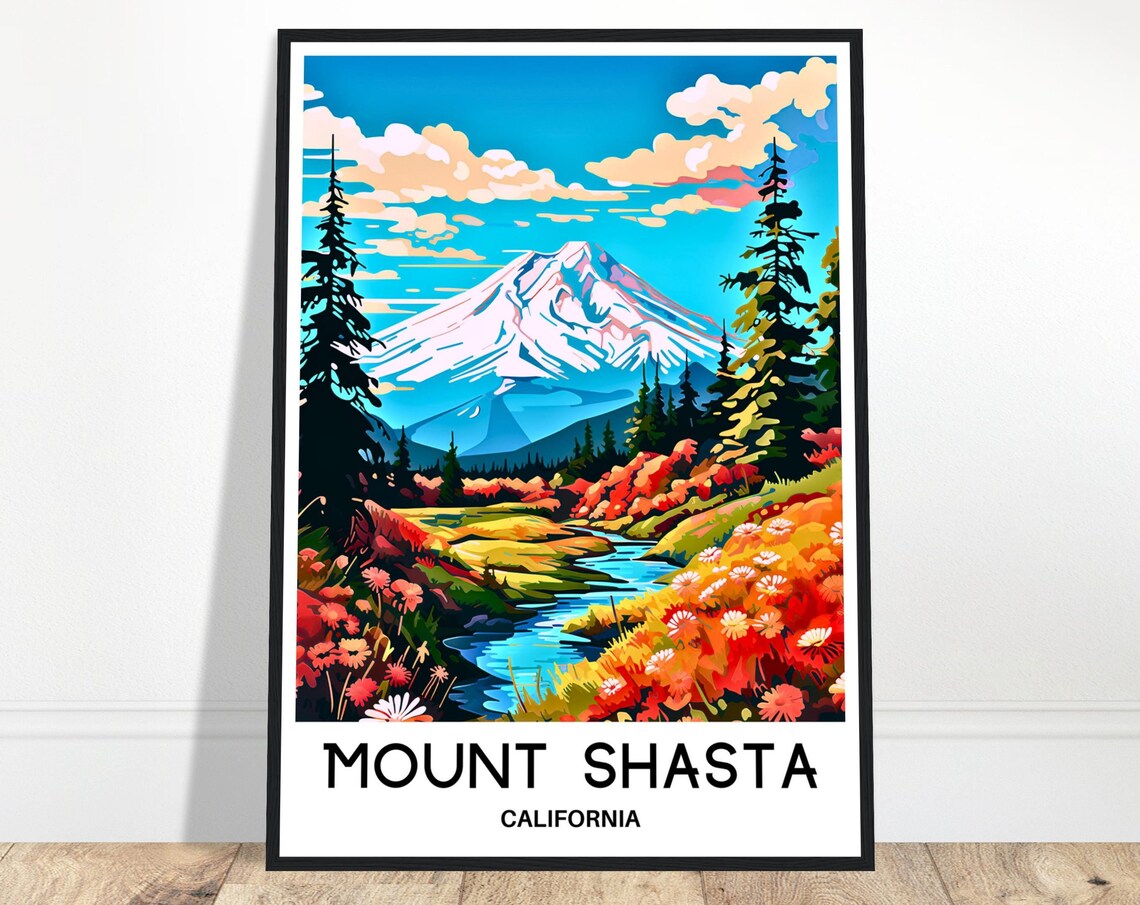 Mount Shasta California Snowy Peak Wildflower Stream Travel Poster