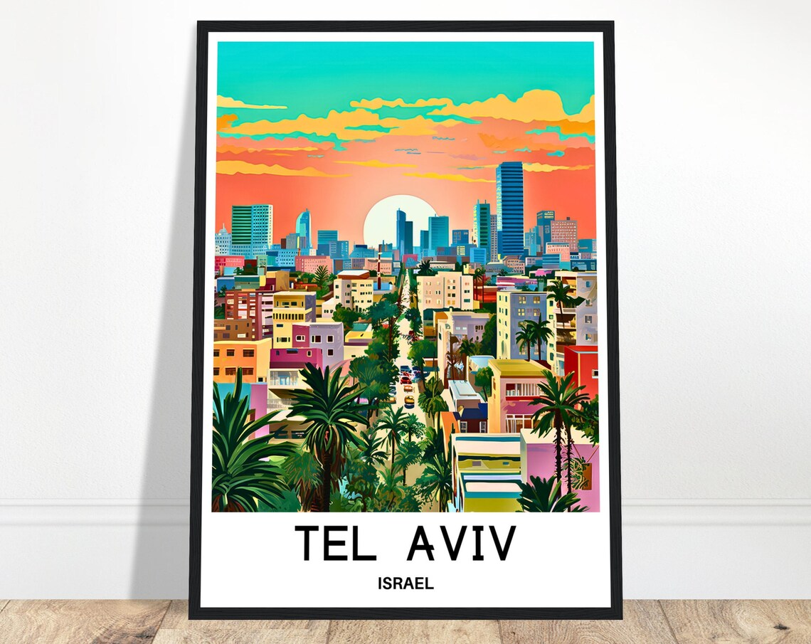 Tel Aviv Israel Sunset Skyline With Palm Trees Travel Poster