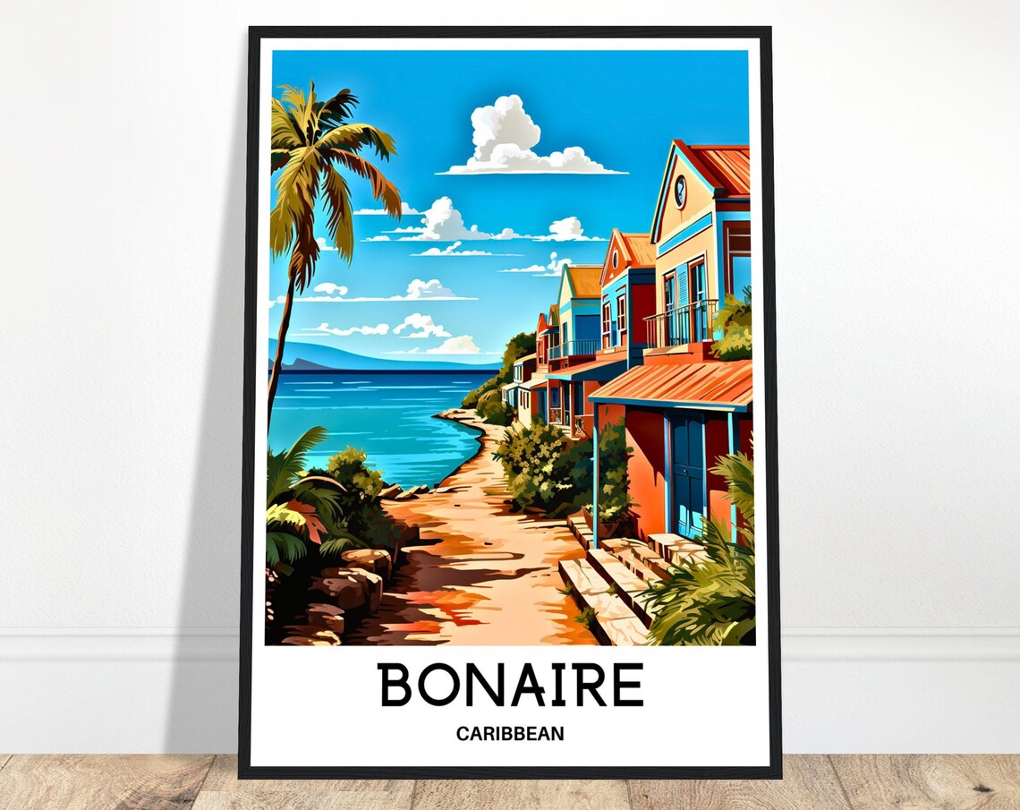 Bonaire Colorful Shorefront Houses Palm Trees Caribbean Poster
