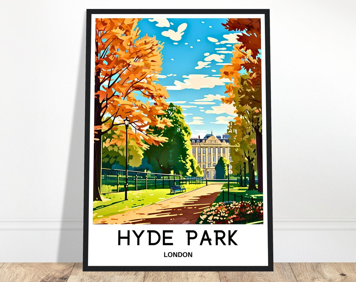 Hyde Park London Autumn Path With Golden Trees and Bench Travel Poster