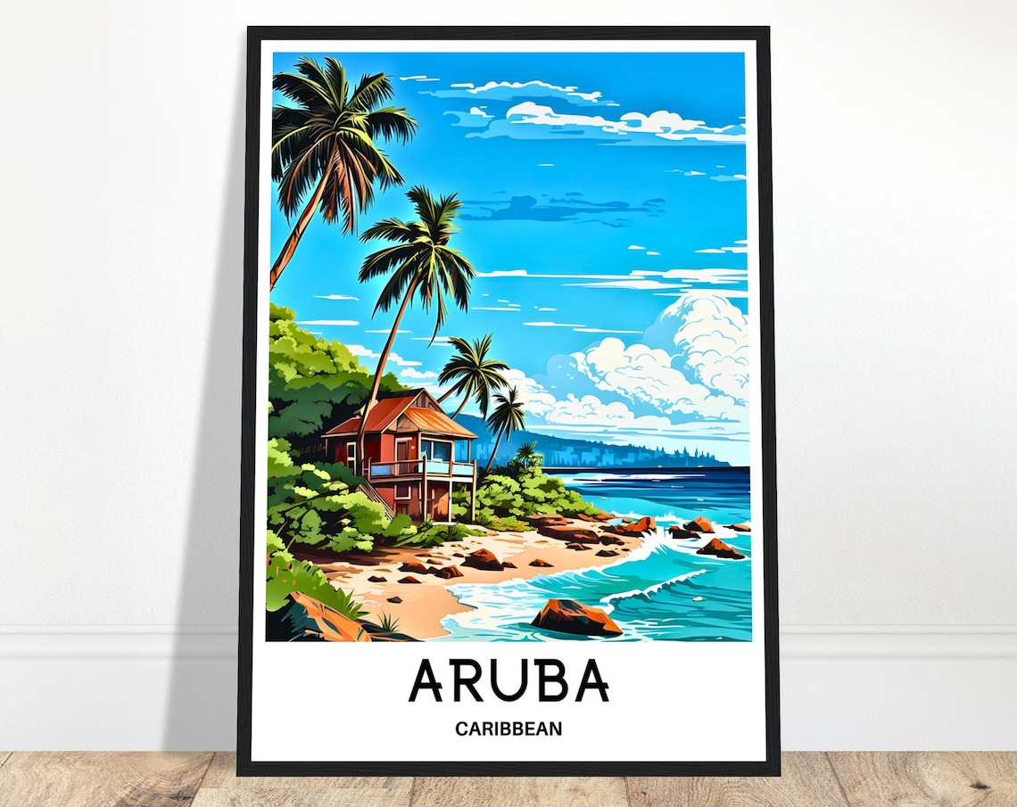 Aruba Caribbean Palm Beach Hut Turquoise Water Travel Poster
