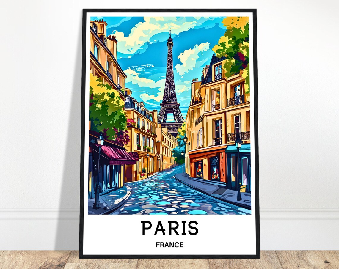 Paris Cobblestone Street Eiffel Tower Cafes in France Poster