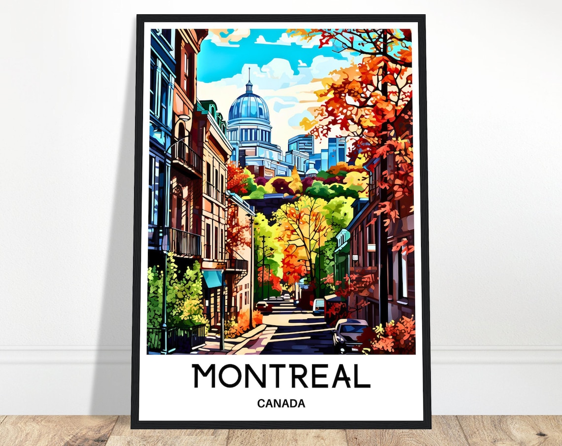 Montreal Canada Autumn Foliage Street Grand Blue Dome Travel Poster