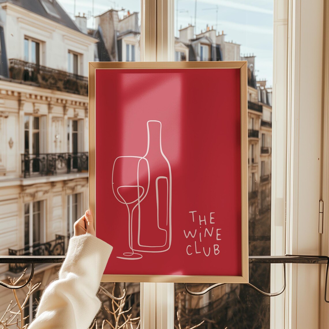 The Wine Club Red Minimalist Wine Bottle Line Art Bar Cart Poster