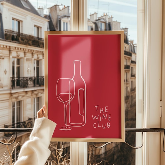 The Wine Club Red Minimalist Wine Bottle Line Art Bar Cart Poster