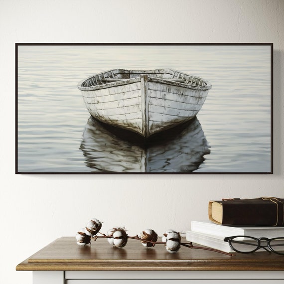 Rustic White Boat Art Panoramic Abstract Seascape Print For Above Couch And Bed Decor Perfect Maritime Statement Wall Art
