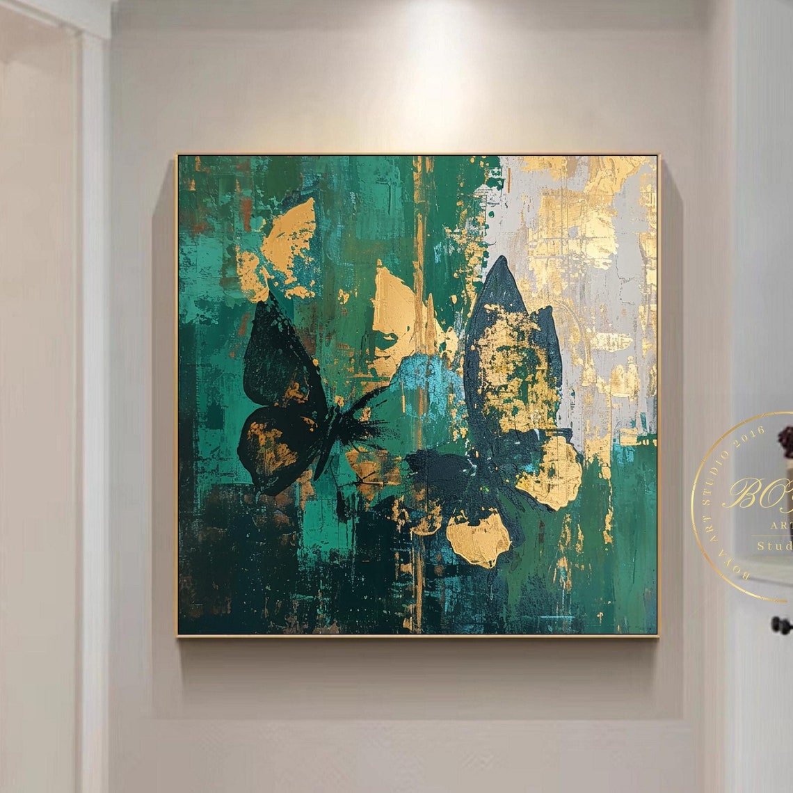 Original Butterfly Abstract Painting Large Green Wall Art Gold Textured Painting Butterfly Abstract Wall Art Modern Green Painting