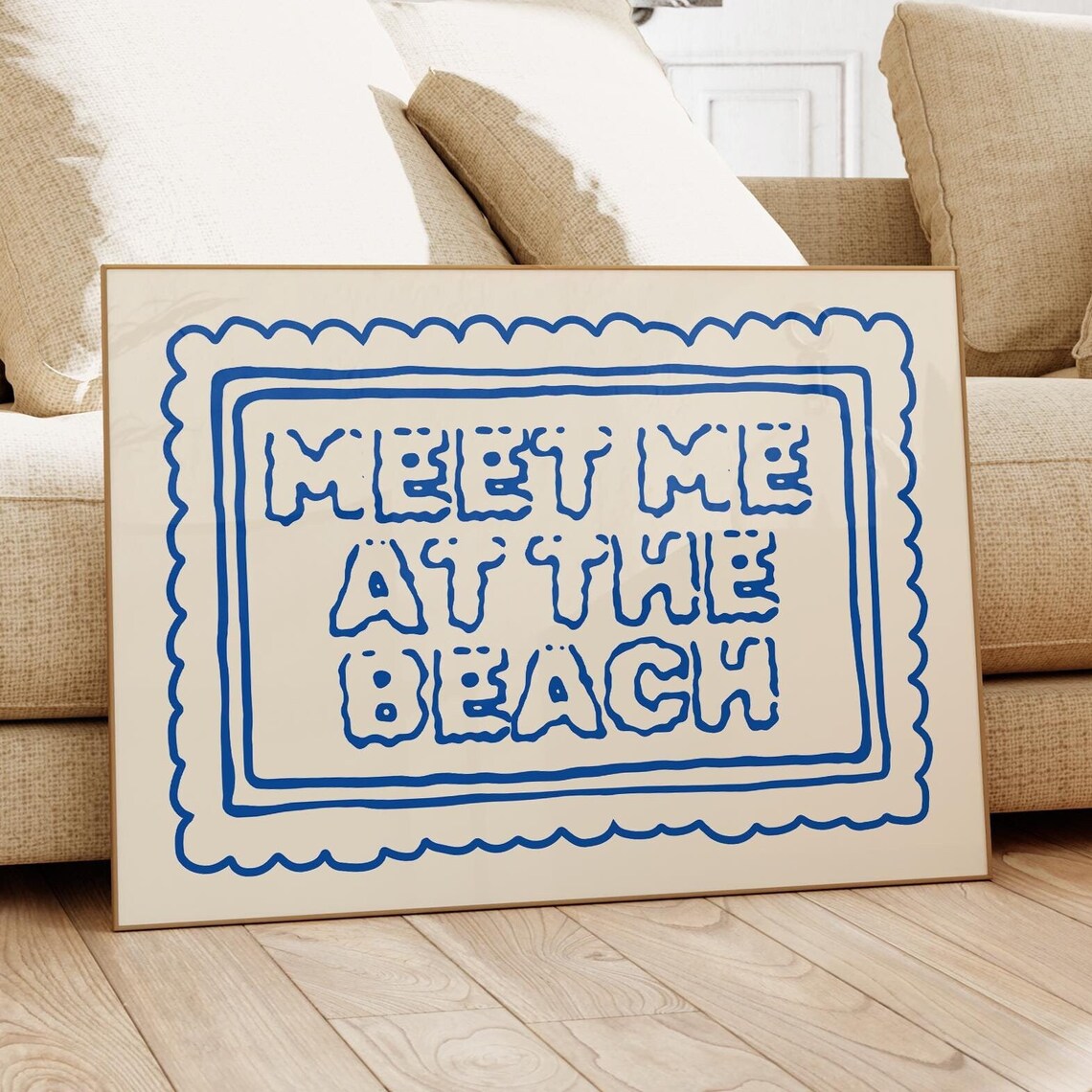 Meet Me at the Beach Hand Lettered Blue Coastal Quote Wall Art
