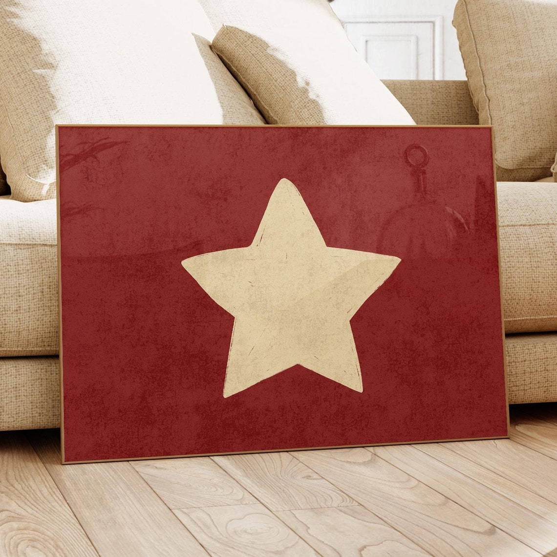 Retro Hand Drawn Star Cream on Crimson Red Vintage Art Poster