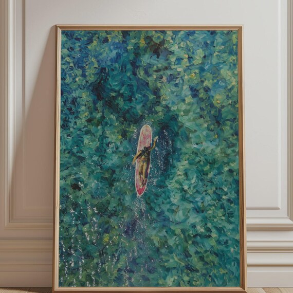 Abstract Green Kayak Water Poster Teal Nature Wall Art Print Modern Minimalist Lake
